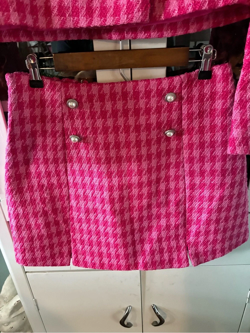 Cicy Bell Hot Pink Houndstooth Two-Piece Skirt Set nwt M Blazer L Skirt